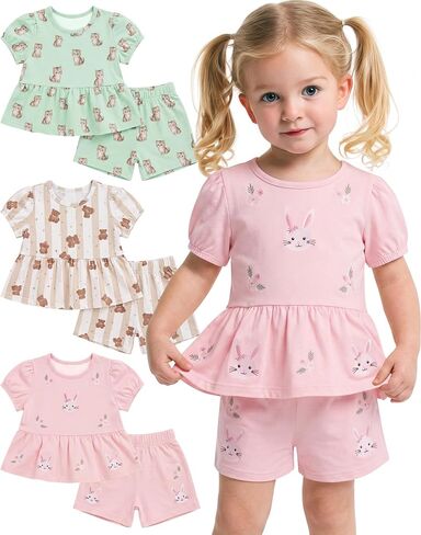 3 Pack Toddler Girls 2 Piece Summer Outfits Baby Set Puff Short Sleeve Ruffle Tops and Shorts Cute Clothing Set in Kuwait