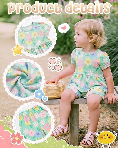 3 Pack Toddler Girls 2 Piece Summer Outfits Baby Set Puff Short Sleeve Ruffle Tops and Shorts Cute Clothing Set in Kuwait