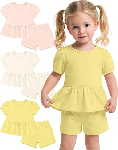 3 Pack Toddler Girls 2 Piece Summer Outfits Baby Set Puff Short Sleeve Ruffle Tops and Shorts Cute Clothing Set in Kuwait
