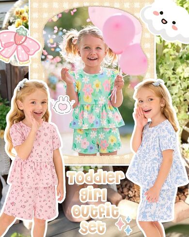 3 Pack Toddler Girls 2 Piece Summer Outfits Baby Set Puff Short Sleeve Ruffle Tops and Shorts Cute Clothing Set in Kuwait