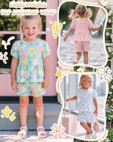 3 Pack Toddler Girls 2 Piece Summer Outfits Baby Set Puff Short Sleeve Ruffle Tops and Shorts Cute Clothing Set in Kuwait