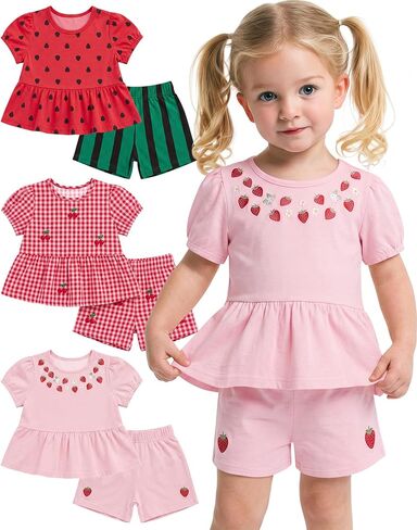 3 Pack Toddler Girls 2 Piece Summer Outfits Baby Set Puff Short Sleeve Ruffle Tops and Shorts Cute Clothing Set in Kuwait