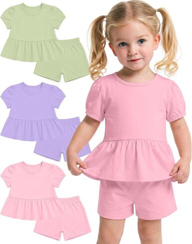 3 Pack Toddler Girls 2 Piece Summer Outfits Baby Set Puff Short Sleeve Ruffle Tops and Shorts Cute Clothing Set in Kuwait