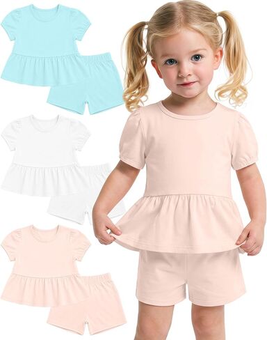 3 Pack Toddler Girls 2 Piece Summer Outfits Baby Set Puff Short Sleeve Ruffle Tops and Shorts Cute Clothing Set in Kuwait