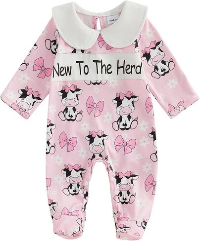 allshope Infant Baby Girl Fall Outfit Sweatshirt Romper Footies Doll Collar Boots Cow Print Jumpsuit Newborn Winter Clothes in Kuwait