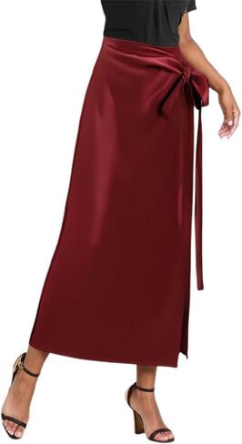 Satin Silk Side Slit Maxi Skirt High Waisted Elastic Waist Split Long Skirts Ruffled Dress for Women in Kuwait