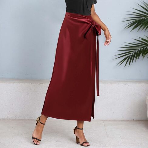 Satin Silk Side Slit Maxi Skirt High Waisted Elastic Waist Split Long Skirts Ruffled Dress for Women in Kuwait