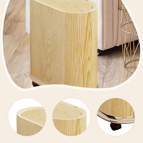 Trash Can Waste Container with Removable Wheels, Pressure Lid, Slim, Space-Saving, PP Material, for Toilet, Bedroom, Office, Wood in Kuwait