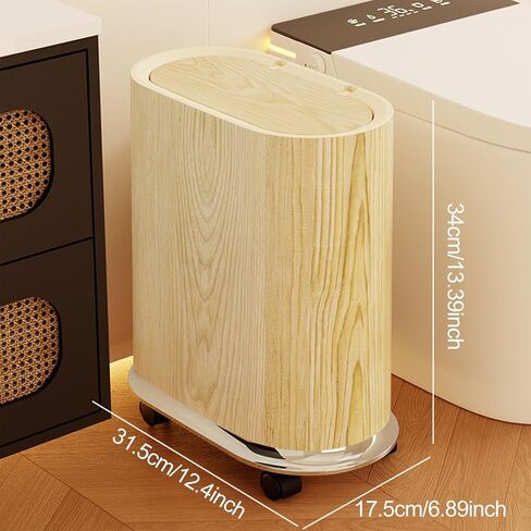 Trash Can Waste Container with Removable Wheels, Pressure Lid, Slim, Space-Saving, PP Material, for Toilet, Bedroom, Office, Wood in Kuwait