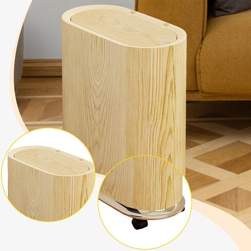 Trash Can Waste Container with Removable Wheels, Pressure Lid, Slim, Space-Saving, PP Material, for Toilet, Bedroom, Office, Wood in Kuwait