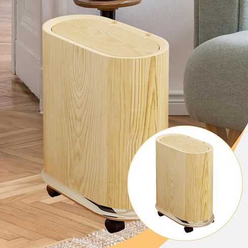 Trash Can Waste Container with Removable Wheels, Pressure Lid, Slim, Space-Saving, PP Material, for Toilet, Bedroom, Office, Wood in Kuwait