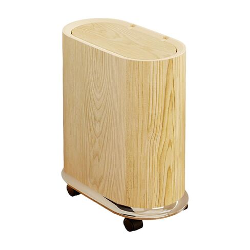 Trash Can Waste Container with Removable Wheels, Pressure Lid, Slim, Space-Saving, PP Material, for Toilet, Bedroom, Office, Wood in Kuwait