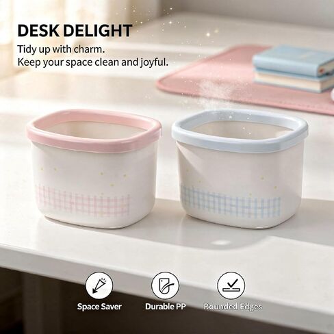 2 Pcs Mini Desk Trash Cans, Lidded Desktop Trash Bins with Cat and Dog Design, Pink and Blue Plastic Cartoon for Desktop Organization, Home, Dorm in Kuwait