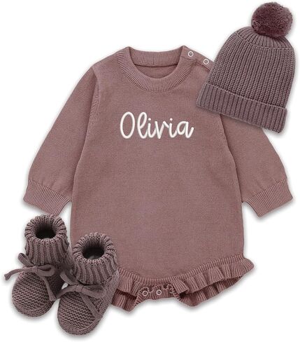 Personalized Embroidered Knit Romper, Newborn Essentials, 100% Cotton, Gender Neutral Baby Clothes in Kuwait