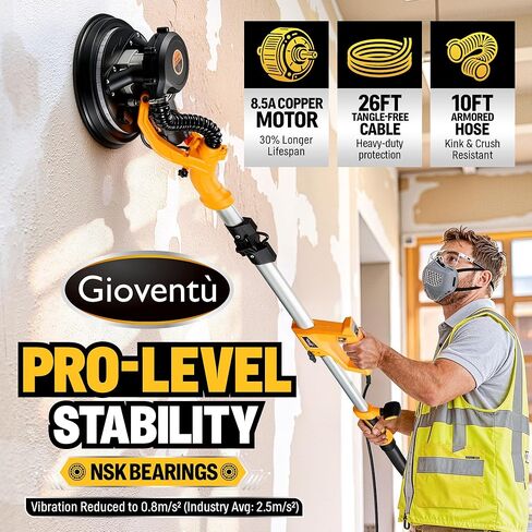 Dustless Electric Drywall Vacuum Sander, 950W 8.5A for Ceiling/Wall | 99.5% Dust Collection, 800-2100RPM, 26' Cord, Extendable Pole, Labor-Saving Strap, LED Light for Popcorn Ceiling, Corner in Kuwait