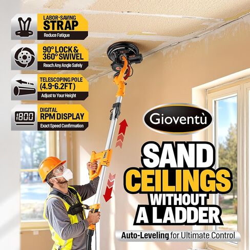 Dustless Electric Drywall Vacuum Sander, 950W 8.5A for Ceiling/Wall | 99.5% Dust Collection, 800-2100RPM, 26' Cord, Extendable Pole, Labor-Saving Strap, LED Light for Popcorn Ceiling, Corner in Kuwait