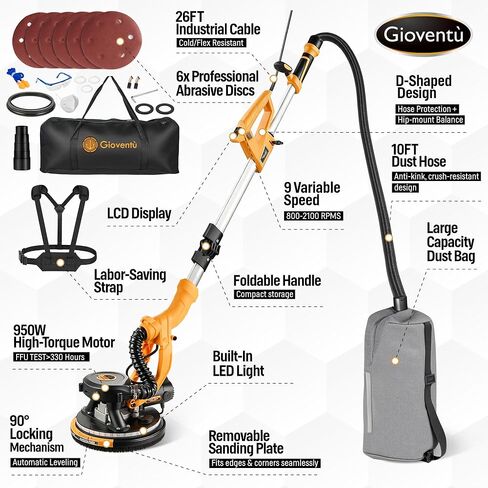Dustless Electric Drywall Vacuum Sander, 950W 8.5A for Ceiling/Wall | 99.5% Dust Collection, 800-2100RPM, 26' Cord, Extendable Pole, Labor-Saving Strap, LED Light for Popcorn Ceiling, Corner in Kuwait