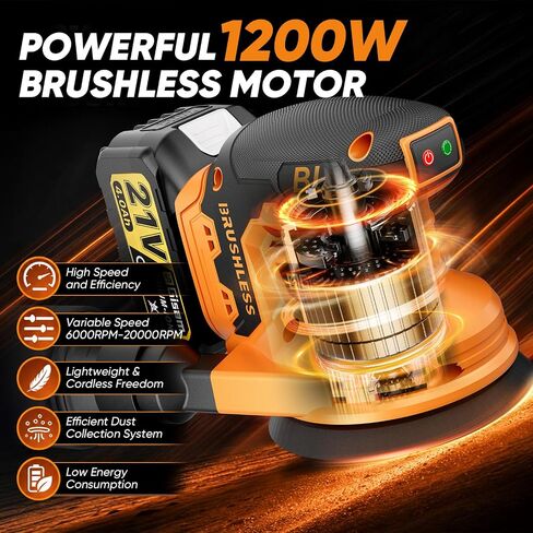 Gisam Cordless Random Orbital Sander with 2*4.0Ah Battery, Brushless Motor | 30Pcs Orbital Sander Pads, 6000–20000 RPM, 5" Electric Hand Sander with Dust Collector for Woodworking Metal Polishing in Kuwait