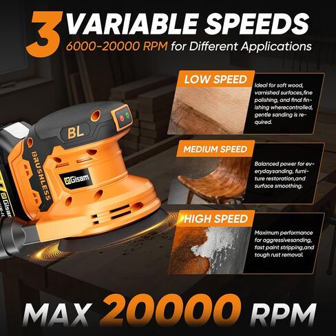 Gisam Cordless Random Orbital Sander with 2*4.0Ah Battery, Brushless Motor | 30Pcs Orbital Sander Pads, 6000–20000 RPM, 5" Electric Hand Sander with Dust Collector for Woodworking Metal Polishing in Kuwait
