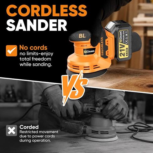 Gisam Cordless Random Orbital Sander with 2*4.0Ah Battery, Brushless Motor | 30Pcs Orbital Sander Pads, 6000–20000 RPM, 5" Electric Hand Sander with Dust Collector for Woodworking Metal Polishing in Kuwait