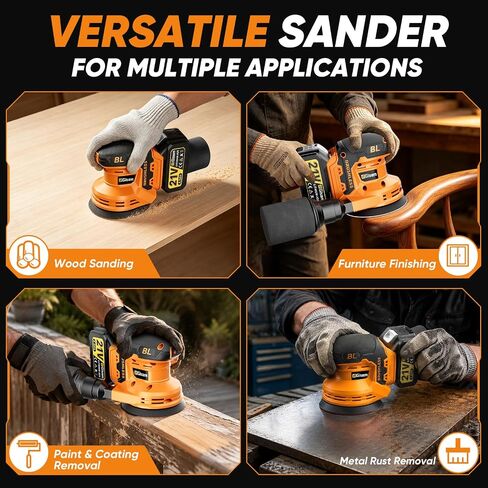 Gisam Cordless Random Orbital Sander with 2*4.0Ah Battery, Brushless Motor | 30Pcs Orbital Sander Pads, 6000–20000 RPM, 5" Electric Hand Sander with Dust Collector for Woodworking Metal Polishing in Kuwait