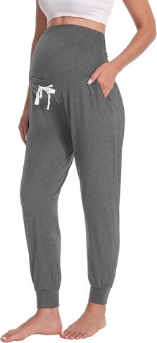 Women's Maternity Joggers Over Belly Sweatpants | 4-Way Stretch Fabric, High Waisted Design, Adjustable Drawstring under Belly, Pregnancy Workout Lounge Pants with Pockets in Kuwait