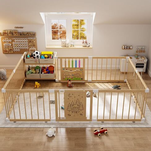 Large Wooden Baby Storage Playpen 9+3 Panels 71"×48" | Size Adjustable Play Yard for Babies and Toddlers, Baby Fence Activity Center with 4 Toy Storage Cases Play Pen in Kuwait