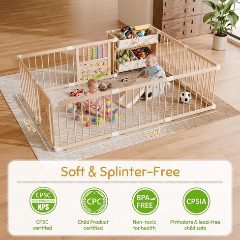 Large Wooden Baby Storage Playpen 9+3 Panels 71"×48" | Size Adjustable Play Yard for Babies and Toddlers, Baby Fence Activity Center with 4 Toy Storage Cases Play Pen in Kuwait