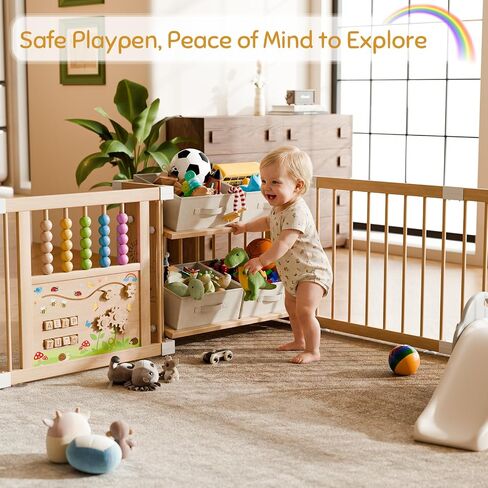 Large Wooden Baby Storage Playpen 9+3 Panels 71"×48" | Size Adjustable Play Yard for Babies and Toddlers, Baby Fence Activity Center with 4 Toy Storage Cases Play Pen in Kuwait