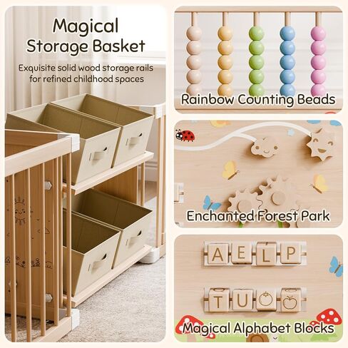 Large Wooden Baby Storage Playpen 9+3 Panels 71"×48" | Size Adjustable Play Yard for Babies and Toddlers, Baby Fence Activity Center with 4 Toy Storage Cases Play Pen in Kuwait