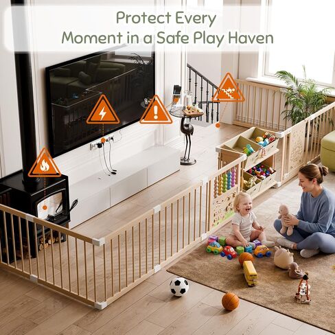 Large Wooden Baby Storage Playpen 9+3 Panels 71"×48" | Size Adjustable Play Yard for Babies and Toddlers, Baby Fence Activity Center with 4 Toy Storage Cases Play Pen in Kuwait