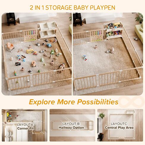 Large Wooden Baby Storage Playpen 9+3 Panels 71"×48" | Size Adjustable Play Yard for Babies and Toddlers, Baby Fence Activity Center with 4 Toy Storage Cases Play Pen in Kuwait