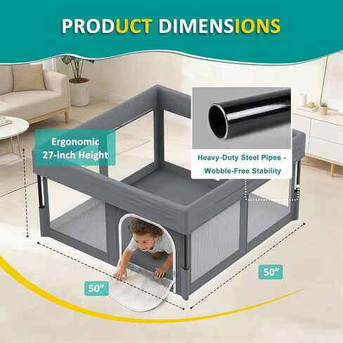 Foldable Baby Playpen, 48"×48" Play Yard for Toddlers, Portable & Collapsible Playpen with Gate, ASTM & CPSC Certified, Skin-Friendly & Breathable Mesh, Ideal for Indoor & Outdoor Use with Bag in Kuwait