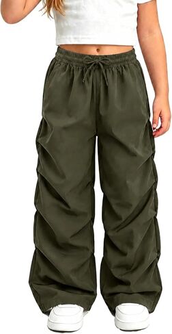 Toddler Little Girls Ruched Parachute Pants Ages 3T-7 Years | Wide Leg Baggy Cargo Pants Elastic Waist Trousers in Kuwait