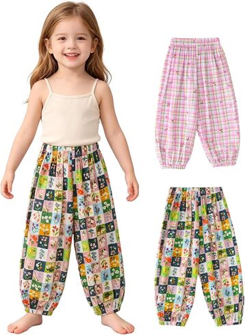 Girls Summer Pants 2 Pack Long Bloomers Toddler Girl Lightweight Cotton Wide Leg Barrel Harem Pants Elastic Waist in Kuwait