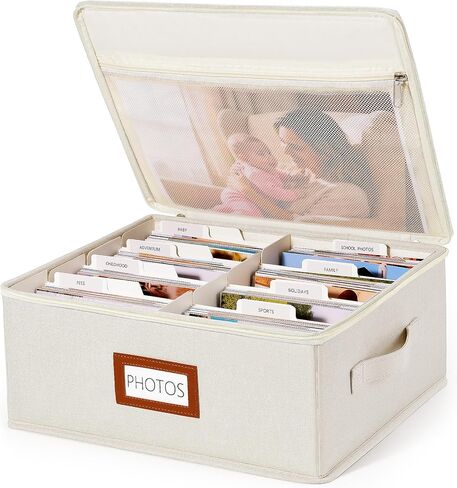 Photo Storage Box with Zipper Lid & Dividers, Linen Photo Organizer Container for 2000 4x6 Pictures, Decorative Keepsake Memory Box with Handle, 8x10 Mesh Pocket for Family Pictures, Brown in Kuwait