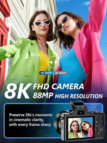 8K Digital Camera, 88MP WiFi Cameras for Photography with 3.2" Touchscreen, Autofocus, 16X Zoom, Anti-Shake, Dual Lens Vlogging Camera for YouTube, 2 Batteries, 64GB Card & Flash in Kuwait