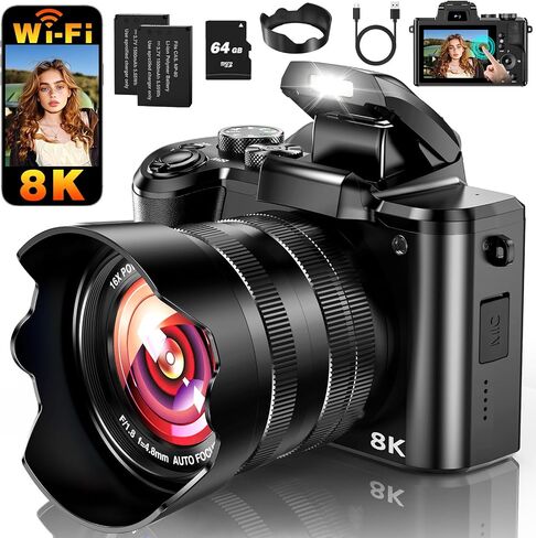 8K Digital Camera, 88MP WiFi Cameras for Photography with 3.2" Touchscreen | 64GB Card, Autofocus, 16X Zoom, Anti-Shake, Dual Lens Vlogging Camera for YouTube, 2 Batteries & Flash in Kuwait