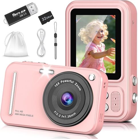 Digital Camera for Kids, 48MP FHD 1080P Point and Shoot Digital Cameras with 16X Zoom Anti-Shake, Compact Portable Cameras for Photography, for Boys Girls Teens Beginners in Kuwait