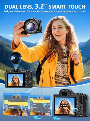 8K Digital Camera, 88MP WiFi Cameras for Photography with 3.2" Touchscreen | 64GB Card, Autofocus, 16X Zoom, Anti-Shake, Dual Lens Vlogging Camera for YouTube, 2 Batteries & Flash in Kuwait