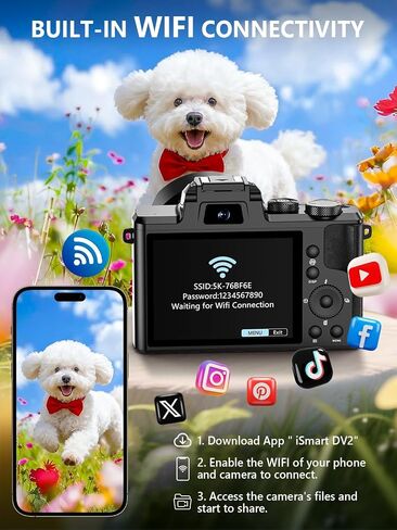 8K Digital Camera, 88MP WiFi Cameras for Photography with 3.2" Touchscreen | 64GB Card, Autofocus, 16X Zoom, Anti-Shake, Dual Lens Vlogging Camera for YouTube, 2 Batteries & Flash in Kuwait