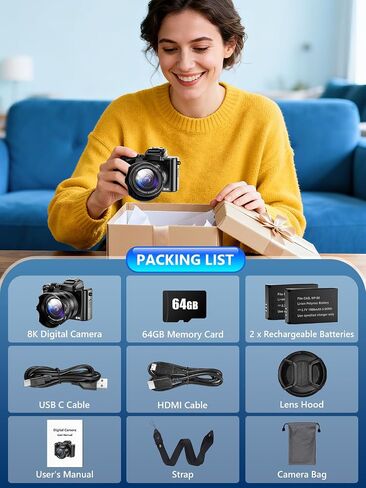 8K Digital Camera, 88MP WiFi Cameras for Photography with 3.2" Touchscreen, Autofocus, 16X Zoom, Anti-Shake, Dual Lens Vlogging Camera for YouTube, 2 Batteries, 64GB Card & Flash in Kuwait
