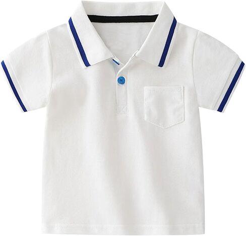 Toddler Boy Polo Shirt with Pocket Casual Short Sleeve Tops 1-5T | Soft Cotton Blend Fabric, Classic Striped Collar School Uniform for Daily Wear Outdoor Activities, Breathable & Comfortable in Kuwait