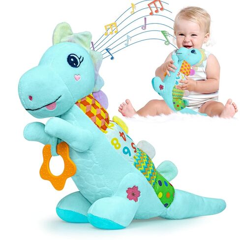 Baby Dino Musical Stuffed Animal Toys for 0-3-6-9-12 Months，Infant Dinosaur Tummy Time Toys with Crinkle Sound Paper,Teether，Textures & Rattles for Newborn Boys Girls Birthday Gifts，Blue in Kuwait