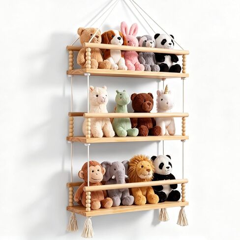 Novabright 3 Tier Stuffed Animal Storage Organizer Adjustable Hanging Plush Toy Display Shelf Boho Stuffy Hammock Storage Wooden Floating Shelf for Nursery Playroom Kids Wall Door Room Decor in Kuwait
