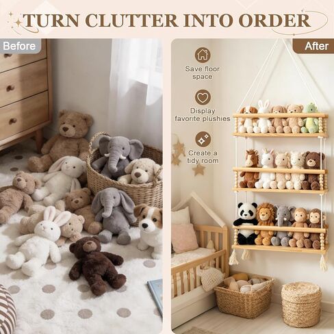Novabright 3 Tier Stuffed Animal Storage Organizer Adjustable Hanging Plush Toy Display Shelf Boho Stuffy Hammock Storage Wooden Floating Shelf for Nursery Playroom Kids Wall Door Room Decor in Kuwait