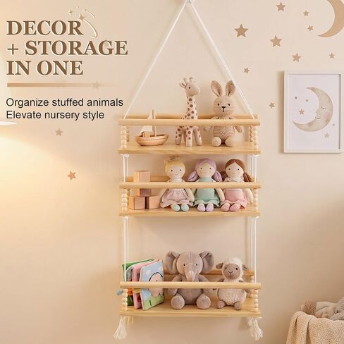 Novabright 3 Tier Stuffed Animal Storage Organizer Adjustable Hanging Plush Toy Display Shelf Boho Stuffy Hammock Storage Wooden Floating Shelf for Nursery Playroom Kids Wall Door Room Decor in Kuwait