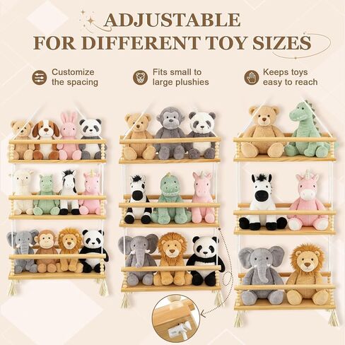 Novabright 3 Tier Stuffed Animal Storage Organizer Adjustable Hanging Plush Toy Display Shelf Boho Stuffy Hammock Storage Wooden Floating Shelf for Nursery Playroom Kids Wall Door Room Decor in Kuwait