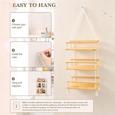 Novabright 3 Tier Stuffed Animal Storage Organizer Adjustable Hanging Plush Toy Display Shelf Boho Stuffy Hammock Storage Wooden Floating Shelf for Nursery Playroom Kids Wall Door Room Decor in Kuwait