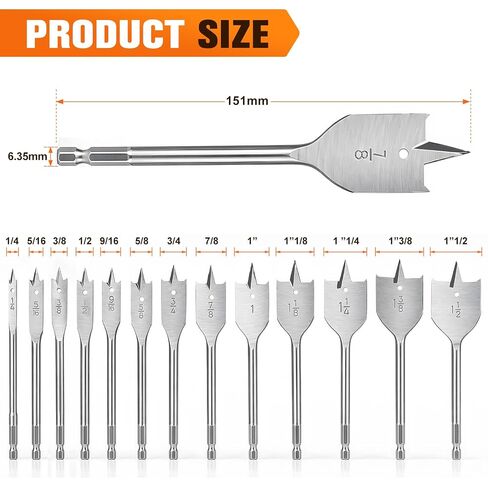 RENYU 13PCS Spade Bit Set for Wood,Hex Shank 3-Point Wood Flat Drill Bit Set - High Carbon Steel, Precise Positioning, Effortless Cutting, for Fast Wood Drilling in Kuwait